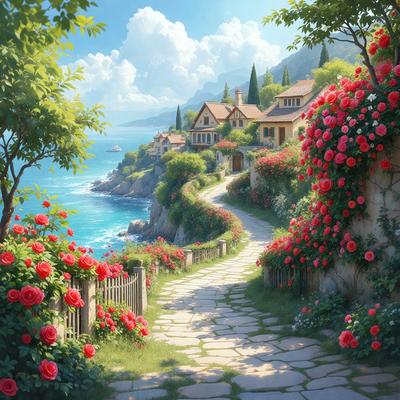 Primary subject: A beautifully illustrated scene of a pathway leading to a house with a garden of flowers on both sides.

Setting/background: The pathway is surrounded by a lush garden filled with red flowers, creating a serene and picturesque atmosphere.

Visual style: The image is a digital art illustration, showcasing the artist's skill in creating a realistic and visually appealing scene.

Colors and mood: The dominant colors are red and green, with the red flowers adding